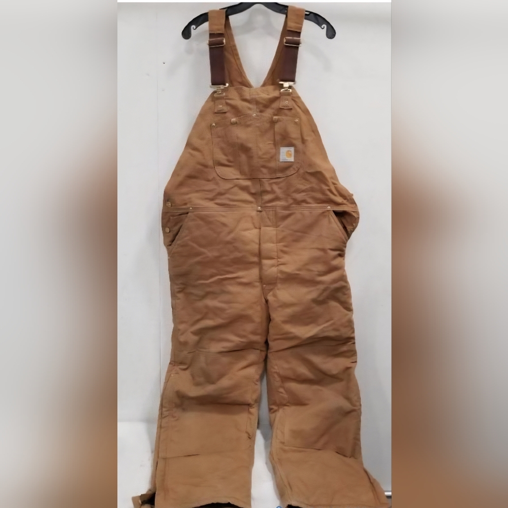 Carhartt Insulated Duck Bib Tan Work Overalls Double Knee Quilt Lined 42 X 30